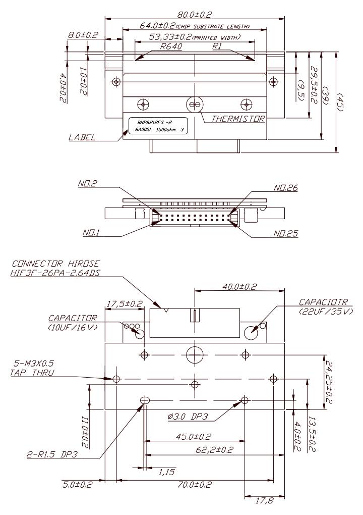 Dimension of Toshiba Hokuto thermal printhead BHP6212FS